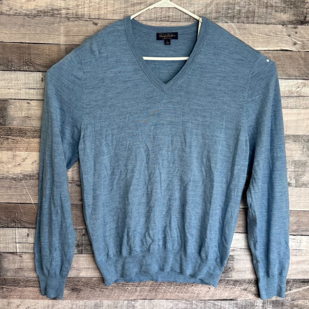 Brooks Brothers Saxxon Wool Sweater Mens Large Blue VNeck Soft Preppy